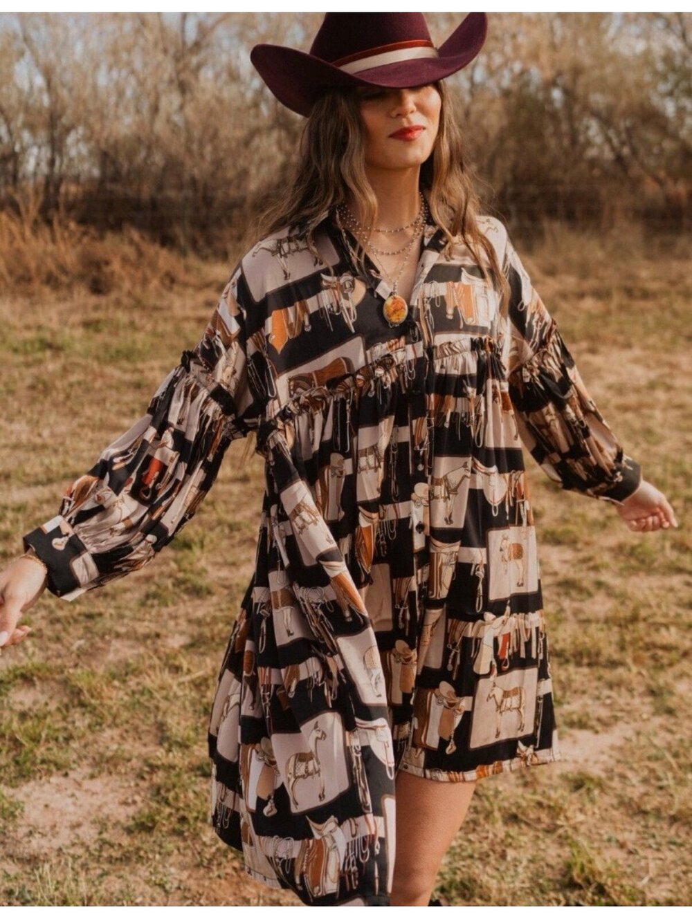 Beulah Style Equestrian Horse Print Button-Down Shirt Dress OSFM One size